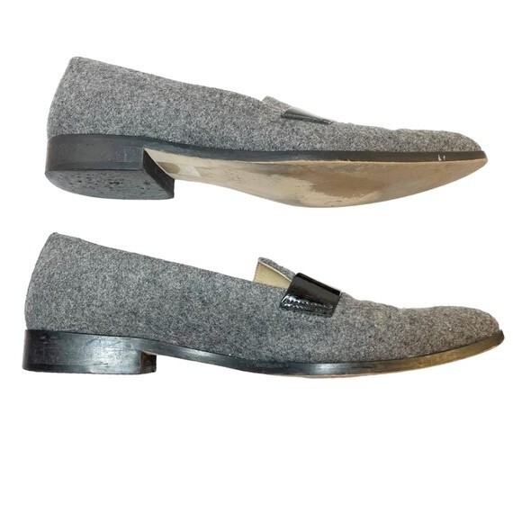 J. Crew Flats Gray Felted Wool Black Patent Leather Loafers Womens Size 8 Preppy - Picture 9 of 14